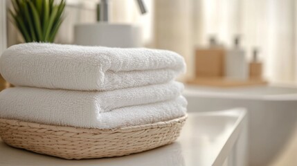 Stack of white towels in a wicker basket on a bathroom counter.