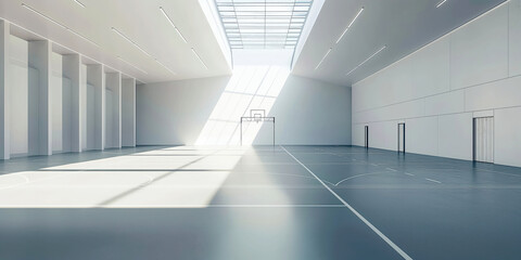 Obraz premium Modern Minimalist Indoor Basketball Court with Natural Lighting and Skylight Ceiling