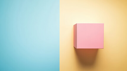 Fototapeta premium A vibrant pink cube set against a split background of soft yellow and blue, creating a playful and modern geometric composition with bright, contrasting colours and minimalist design.