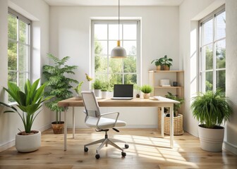serene minimalist workspace serene white walls large windows natural light decluttered sleek desk ergonomic chair lush greenery calm contemporary aesthetic soft blurred background neutral tones