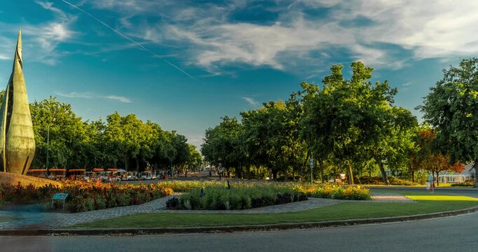 Budapest, Hungary: July 05, 2024: Margit - sziget, Centenary monument. Time-lapse, slide transition.