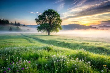 Fototapeta premium Silky smooth misty morning with vibrant green meadow, dew-kissed wildflowers, lone tree in distance, tranquil, eerie, high contrast, black and white.