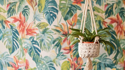 Obraz premium Macrame plant hanger with a small pot, against a bright, botanical wallpaper