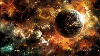 Planet in Nebula, space exploration of distant planets in other galaxies, billions of stars in space