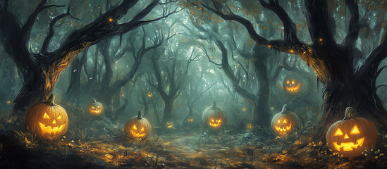 A fantasy forest with gnarled trees and glowing pumpkins scattered background