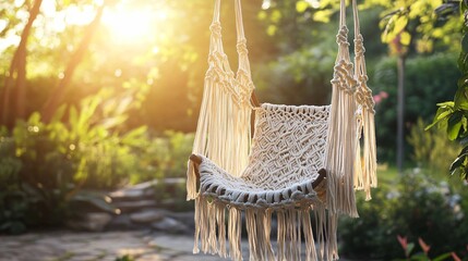 Obraz premium Macrame swing chair with fringe details, in front of a sunlit garden backdrop