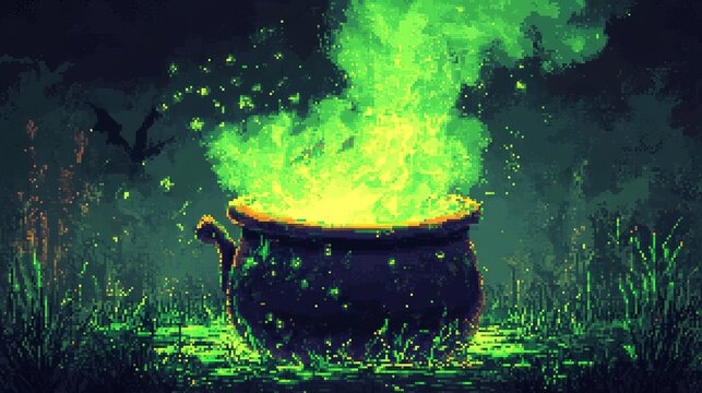 8-bit pixel witch s cauldron bubbling with neon-green liquid, Retro 8-bit, Halloween potion