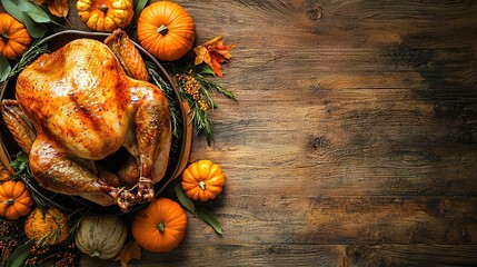 top view: delicious baked thanksgiving turkey on wooden table with space for text