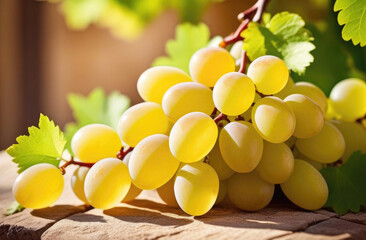 Vine with yellow grapes on wooden surface. Beautiful sunny background. Harvest season