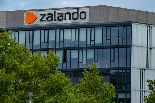 Zalando headquarters, office with iconic orange emblem, delivery shoes, fashionable clothes and cosmetics by mail, storefront, Berlin, Germany - August 15, 2024