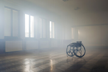 Empty dancing wheelchair at a para dance studio. Disability and sport concept.