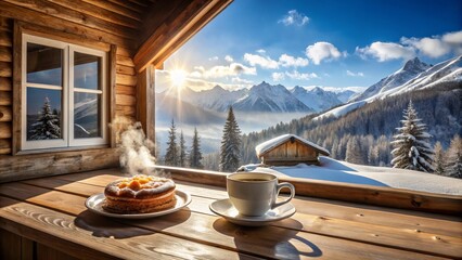 sunlit wooden cabin coziness radiates from a warm white pie accompanied by a steaming cup of coffee beside a snowy winter wonderland view