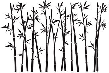 Bamboo forest stems. Jungle bamboo stems silhouettes, bamboo branches with leaves, decorative bamboo flat vector illustration set