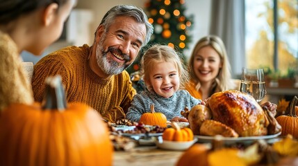 Fototapeta premium family at table celebrating thanksgiving: delicious roast turkey and seasonal traditional food for a delicious dinner