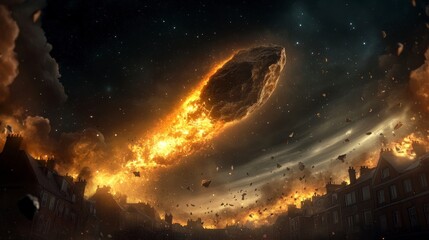 A dramatic scene of an asteroid approaching Earth, causing destruction in a cityscape.