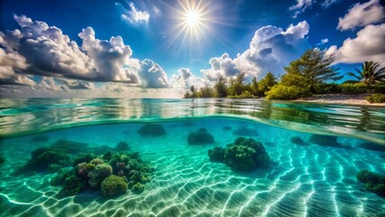 Fototapeta premium Turquoise Caribbean seawater refracts sunlight on rippling sandy ocean floor amidst vibrant coral reef teeming with marine life in serene relaxed morning ambiance with shallow depth composition.