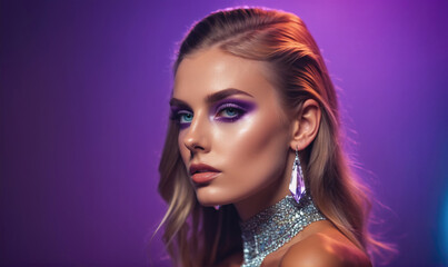 Fototapeta premium A woman with blonde hair and purple eyeshadow looks directly at the camera in a studio portrait