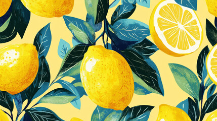 Trendy watercolor lemon pattern. Minimalistic. Rich green and yellow. Light background. Wallpaper. Generative AI