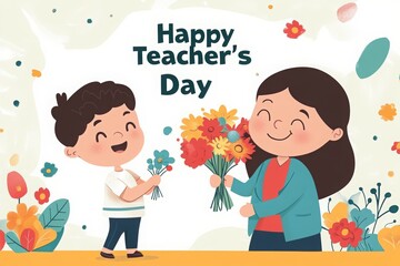 Obraz premium Teacher's Day illustration, a little boy giving flowers to a female primary school teacher. Concept for a card design or poster. 