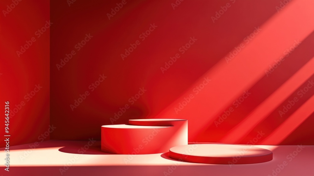 Poster 3D red podium with geometric shapes on a floor designed for product presentation Abstract minimalist composition featuring mock up background 3D rendering illustration