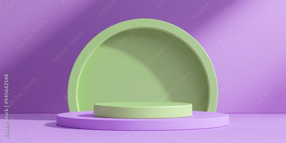 Leinwandbilder 3D rendered illustration of a green minimalistic scene featuring a podium for cosmetic product display Abstract minimal scene with geometric shapes and a podium set against a purple background wit