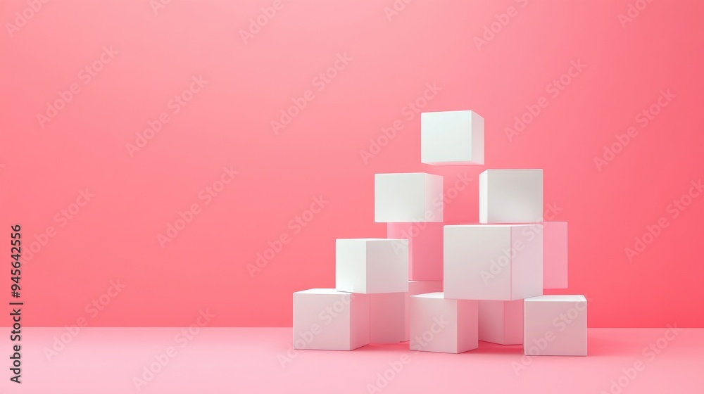 Poster 3d geometric shapes featuring white and pink cubes with a gradient effect set against a soft pastel 