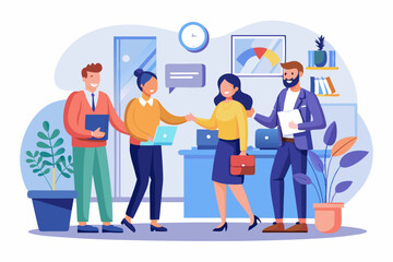 Onboarding new employee, warm welcome to new office, introduce new hire to colleagues, orientation training on first day concept, businessman manager handshake welcome and introduce new staff to team.