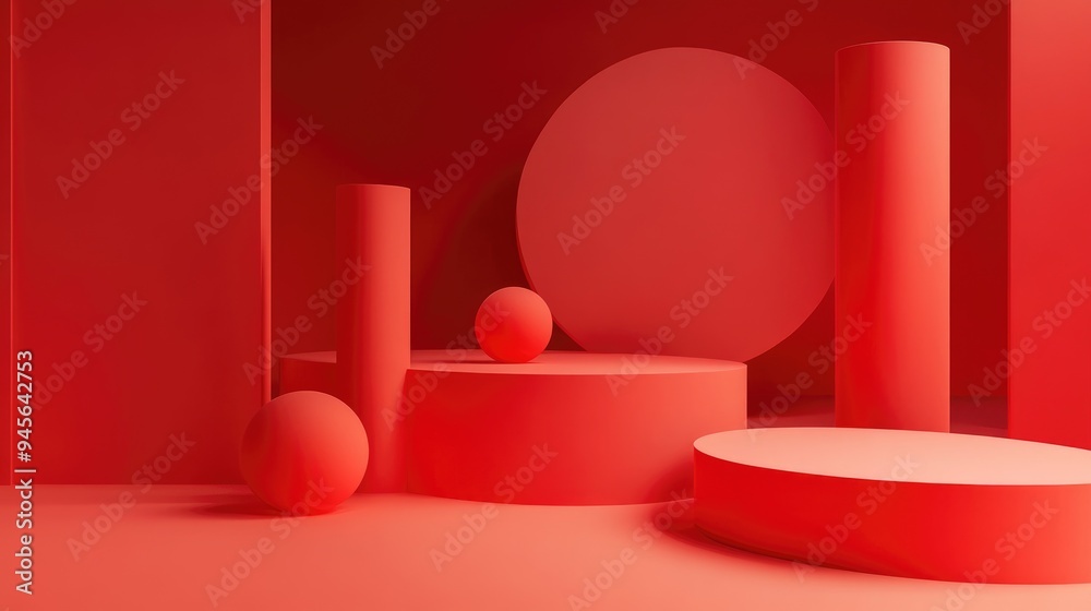 Aufkleber 3D red podium with geometric shapes on a floor designed for product presentation Abstract minimalist composition featuring mock up background 3D rendering illustration