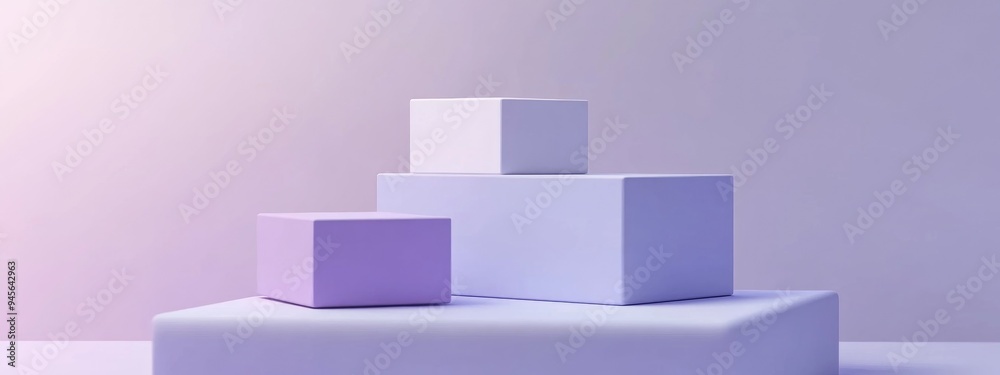 Fototapete 3D illustration of purple violet and white cubes on a square podium in a minimal studio setting Abstract geometric shape rendering suitable for showcasing cosmetic or fashion products
