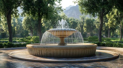 Serene flower garden with a central stone water fountain surrounded by colorful plants pictures