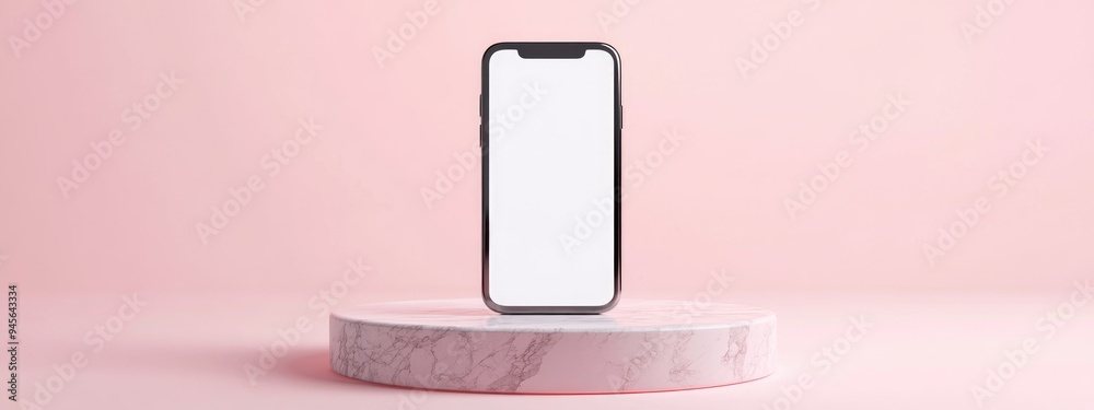 Aufkleber 3D rendering of a smartphone with a blank white screen displayed on a round marble pedestal tilted towards the ground The pedestal is suitable for commercial advertising set against a minimal pink