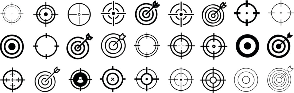 Target and aim icon set, crosshair, bullseye vector, precision, accuracy, and focus icon for aiming, archery, shooting, or navigation