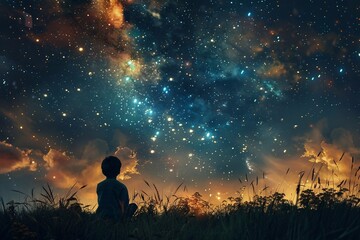 The kid looks enthusiastically at the starry sky, filled with twinkling stars.