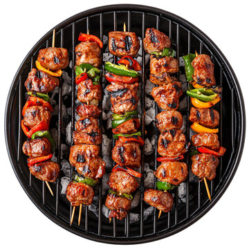 recommend clip art: Grilled kebab in BBQ grill isolated on a transparent background, round grill machine PNG