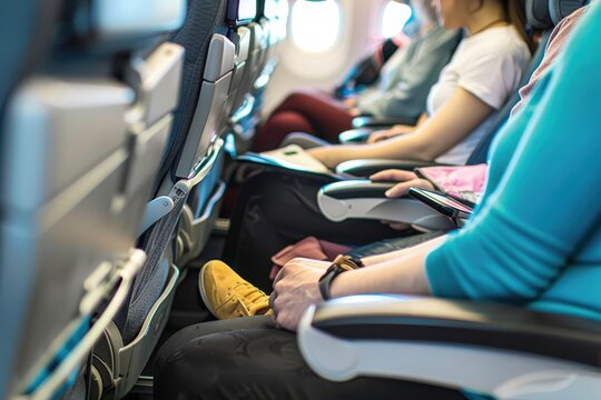 Passengers seated on an airplane are cramped in their seats In this real situation a row of unidentifiable passengers are sitting in their seats on an airplane. The seating is tight. Their legs are to