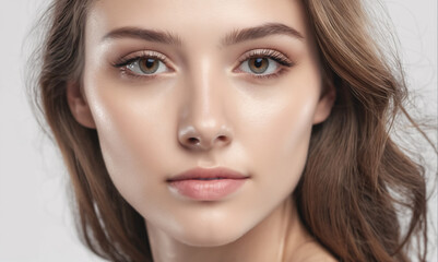 Fototapeta premium A woman with long brown hair looks directly at the camera