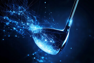 An abstract digital background banner featuring a golf club connected with data elements in blue and black colors