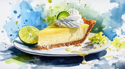 Watercolor painting of a slice of Key Lime Pie with whipped cream and lime wedges.