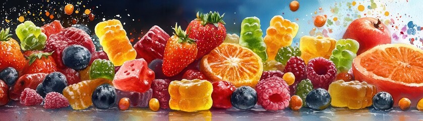 A watercolor illustration of juicy, colorful candy, including gummy bears and fruit slices, each piece bursting with flavor