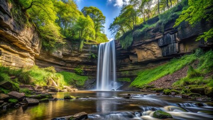 The tranquil atmosphere of Hardraw Force in the afternoon, with the waterfall's gentle flow and the surrounding foliage, captured in a photo with exceptional realism, a realistic photo image.