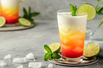 Fototapeta premium Soy milk Tequila Sunrise with soy milk and lime, served in a stylish glass, vegan background, copy space for text
