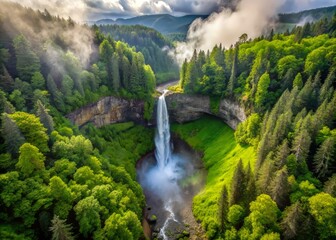 A bird's-eye view of Bridal Veil Falls, June's lush forest stretching out, mist rising high, a realistic photo image.