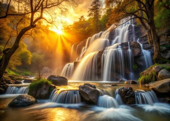 Obraz premium Warm golden light casting an ethereal glow on the falls, with a few rocks and branches in the foreground, a realistic photo image.
