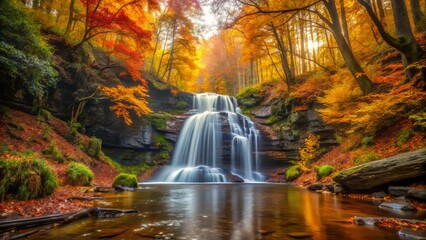 Obraz premium Moore Cove Falls amidst a carpet of autumn leaves, vibrant colors, warm light, and misty atmosphere, a realistic photo image.