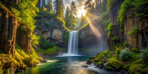 Toketee Falls' misty veil, illuminated by the afternoon sun, lush greenery, a realistic photo image.