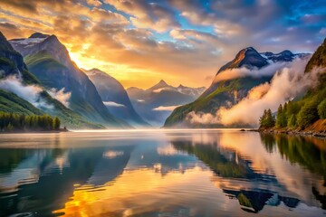 Fototapeta premium Misty dawn breaks over the fjords, with mist-shrouded mountains rising from the calm waters, a realistic photo image.