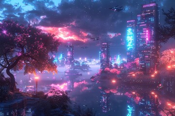 
Create a landscape with a night sky lit up by neon colors and electronic displays.