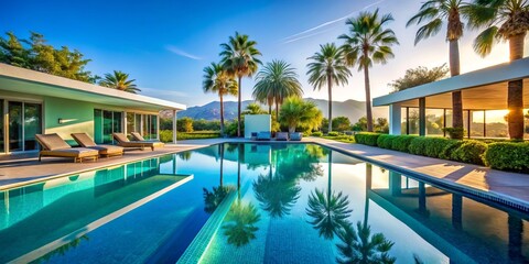 Vibrant summer morning serenity with shimmering aqua blue sparkling swimming pool reflection amidst modern sleek architecture and minimalistic decor surrounded by lush tropical palms.