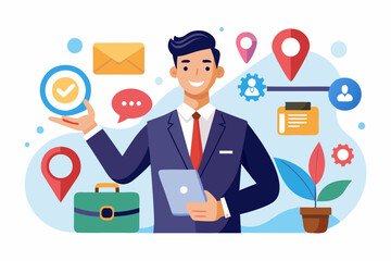 Contact us via email, phone or office location, communicate with customer or client, business information or channel for business contact concept, businessman with telephone, email and location pin.
