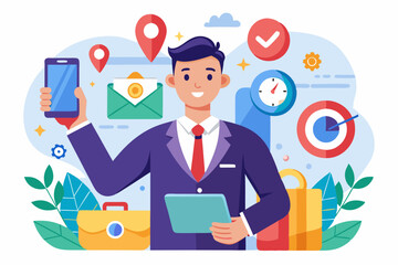 Contact us via email, phone or office location, communicate with customer or client, business information or channel for business contact concept, businessman with telephone, email and location pin.
